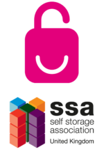 Image showing the Self Storage Association logo and The Store Room's Happy Padlock branding