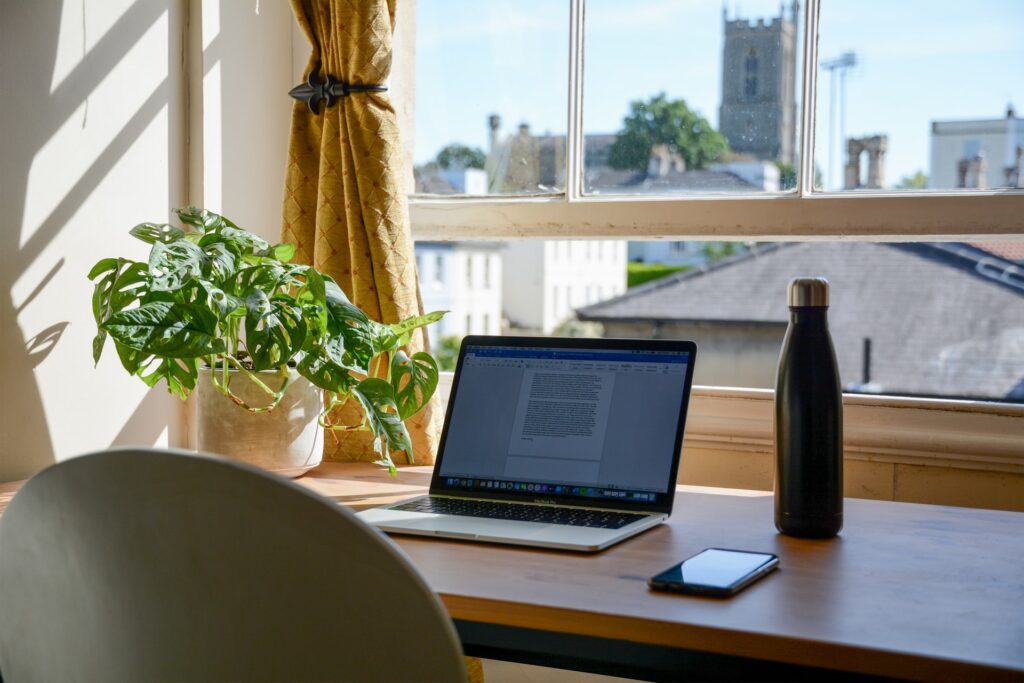Home office by window with potted plant