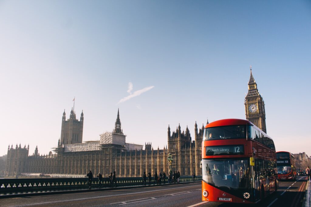 London: Houses of Parliament and a London bus