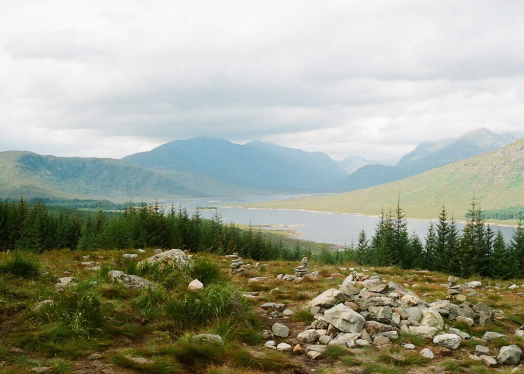 Sottish Highlands with mountains and lakes in the background